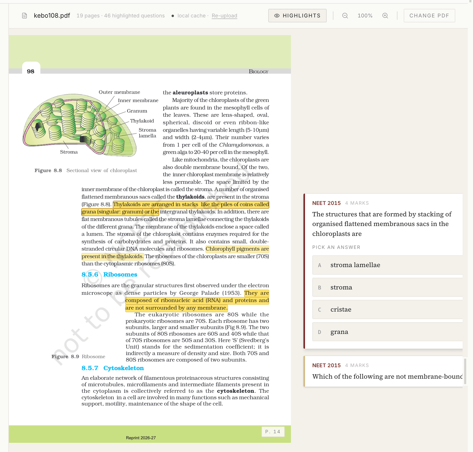 The neet.bio split-view reader showing a NEET 2015 question paired with the exact NCERT sentence it was lifted from, highlighted in the Class 11 Cell chapter.